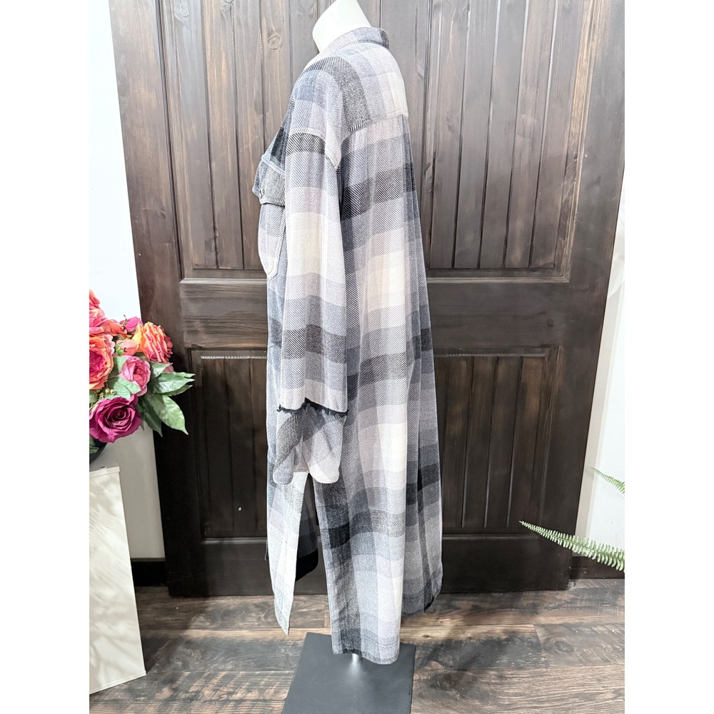 We The Free Free People Plaid Maxi Shirt Jacket Grey Black Large Long Shacket - Picture 4 of 7